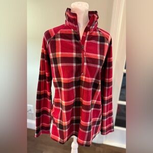 NWT Women's Eddie Bauer Dark Berry Pink Plaid Fleece 1/4 Zip Pullover Jacket XL